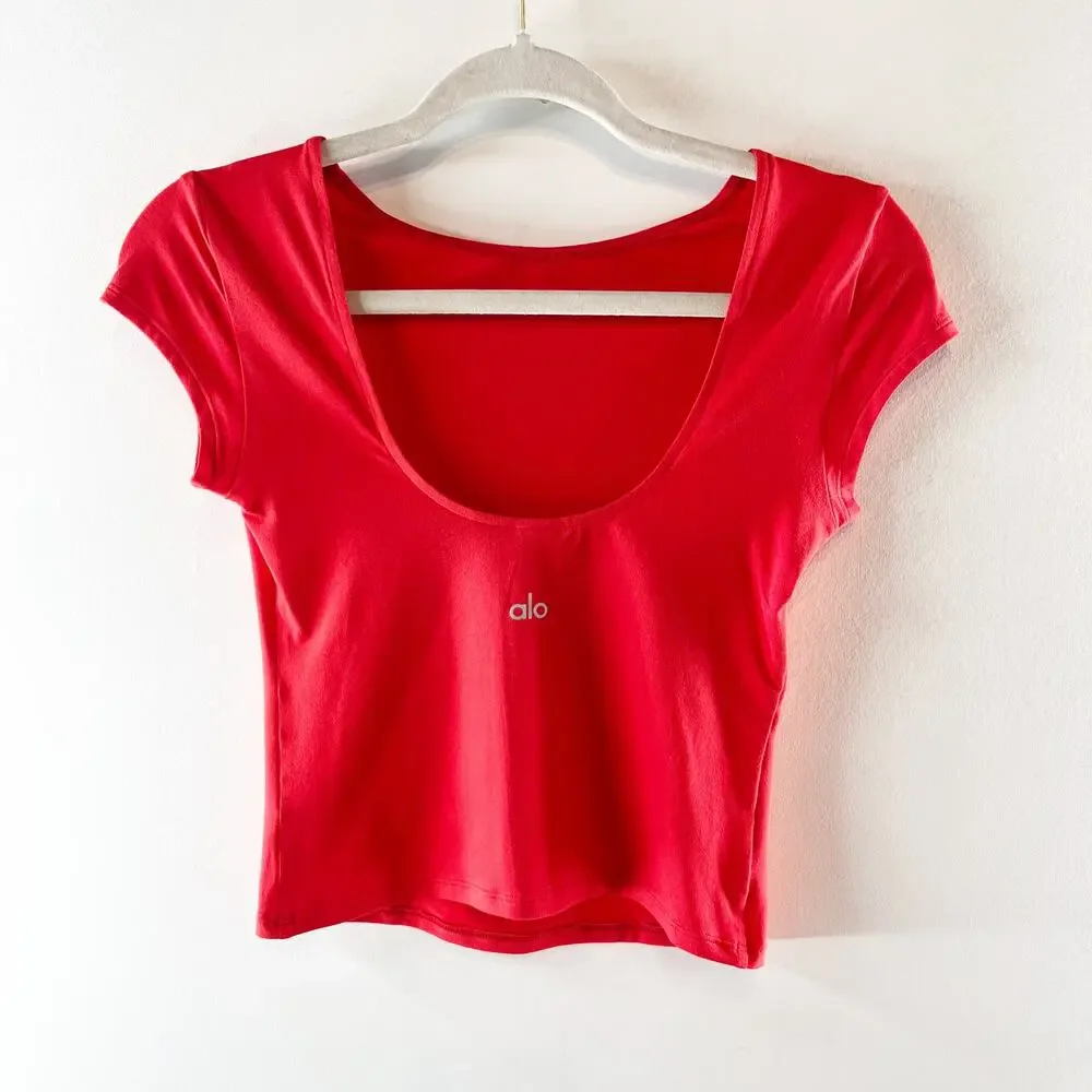 Alo Alosoft Back For More Fitted Tee Shirt Top Bright Red Small